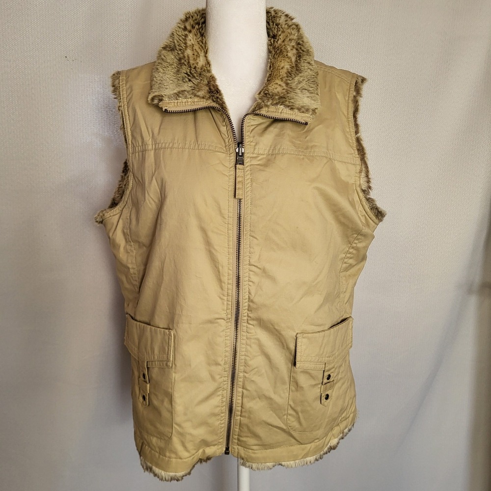 Vintage Old Navy Khaki Utility Vest Faux Rabbit Fur Lined Women's L Gorpcore Y2K
